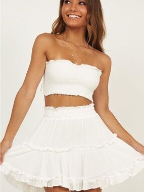 Showpo outside the line Cream Tiered Ruffle Mini Skirt